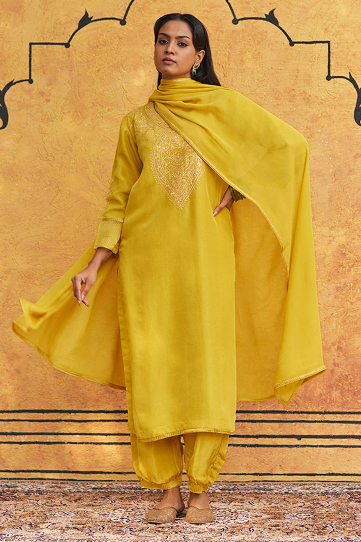 Lemon Yellow Lucknowi Embroidered Pants Suit